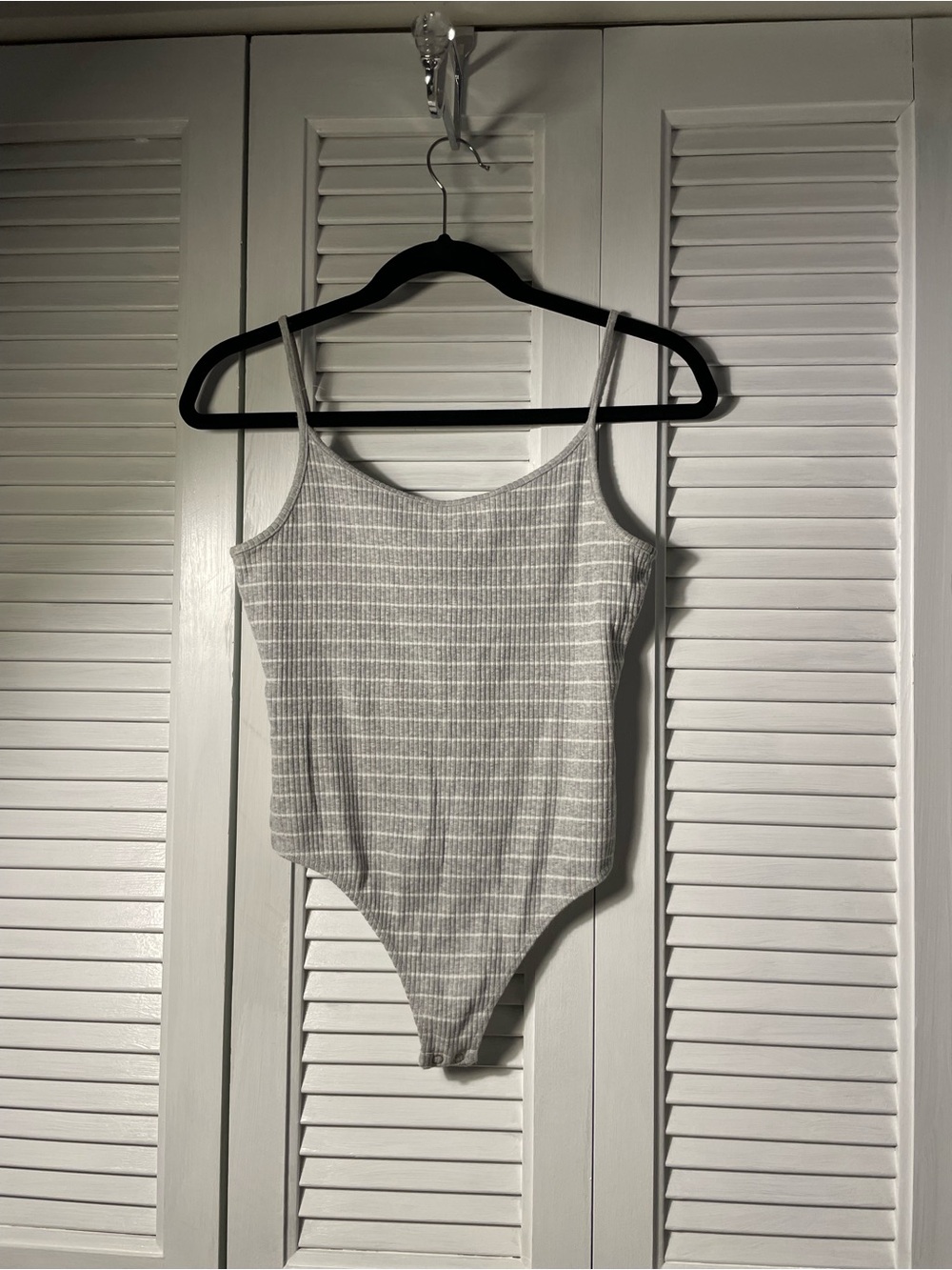 896. Express One Eleven Striped Gray & White Ribbed Bodysuit Spaghetti Strap SM